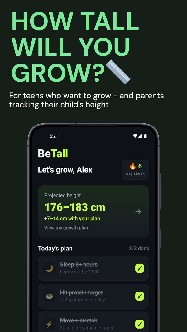 BeTall app home screen showing a projected adult height range of 176 to 183 centimeters and today's growth habit plan