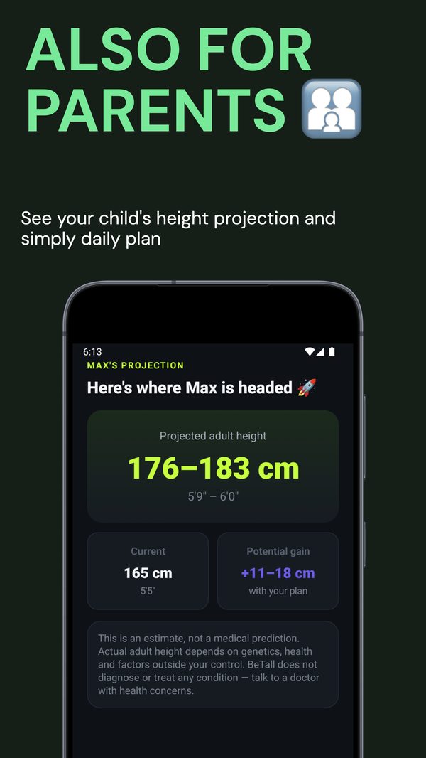 BeTall screen explaining the mid-parental genetics method behind the height prediction