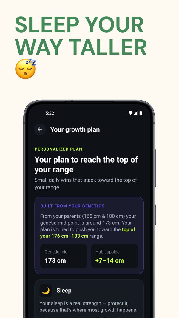 BeTall parent mode showing a child's height projection
