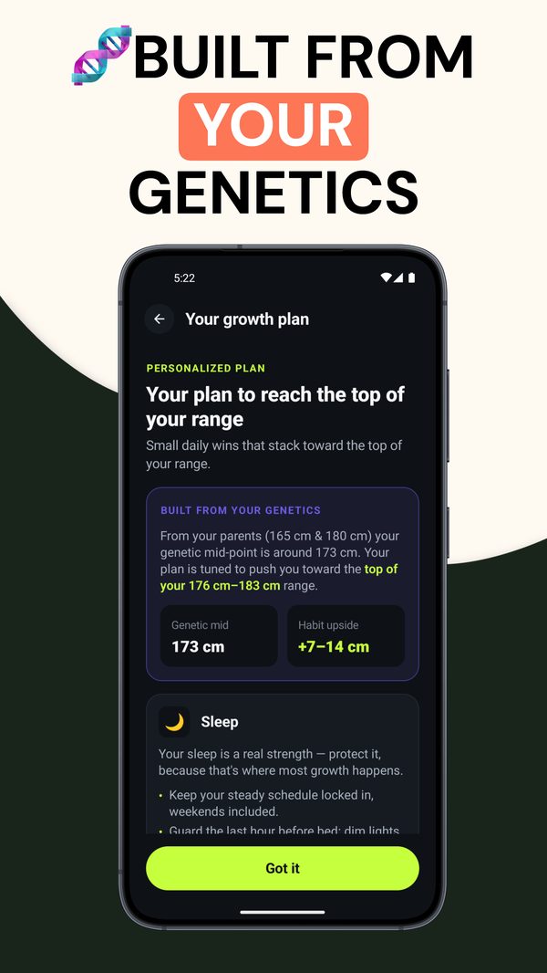 BeTall progress chart showing height growth over months with logged sleep, nutrition and activity